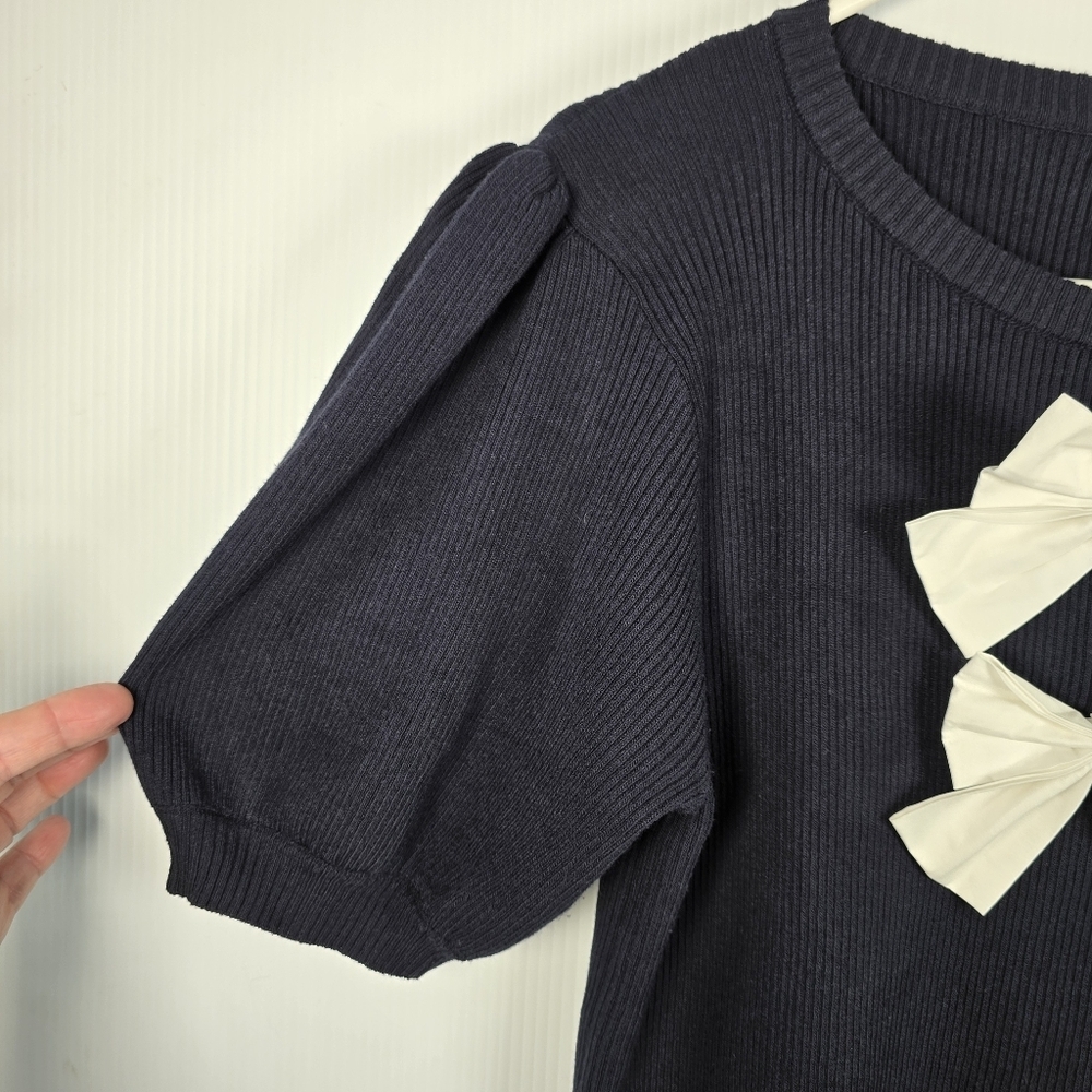Voy Womens Navy Ribbed Short Puff Sleeve Sweater With White Bows Ruffle Size L - Picture 6 of 13